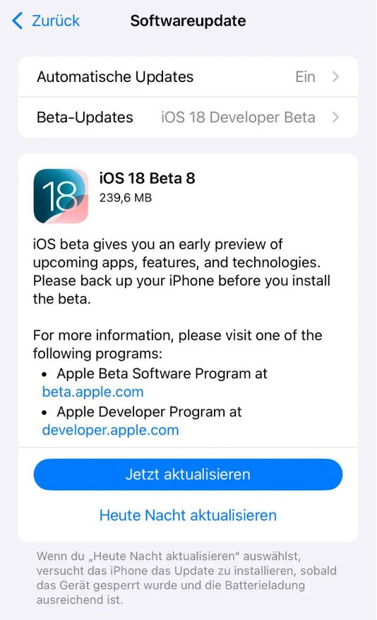 古浪苹果手机维修分享苹果 iOS / iPadOS 18 开发者预览版 Beta 8 发布 